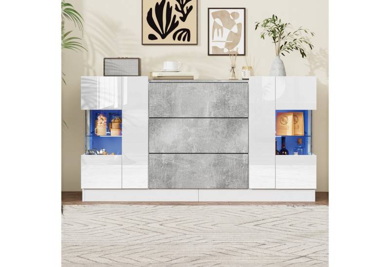 Merax Sideboard in Weiß Hochglanz & Marmoroptik (1 St), Kommode Schrank mit LED, 2 Türen und 3 Schubladen, 140x35x75cm von Merax