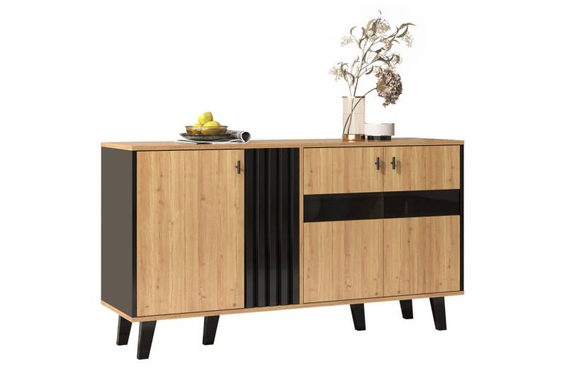 Merax Sideboard inkl. LED-Beleuchtung, mit 3 Türen und 6 Fächer,Kommode Landhaus,Anrichte,Buffet,B:140cm von Merax