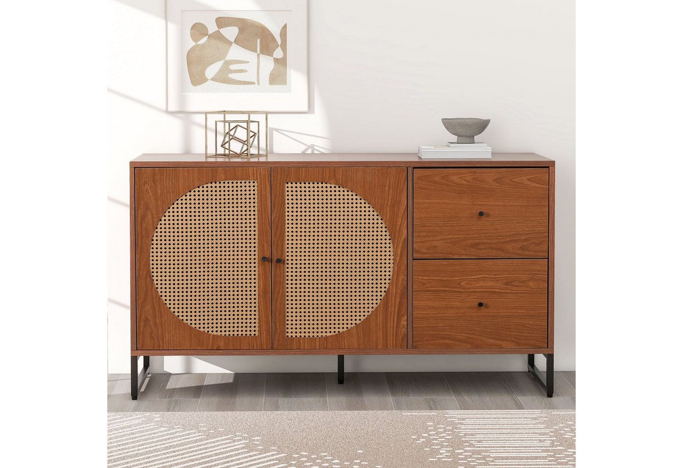 Merax Sideboard mit 2 Fächern und 2 Schubladen, Kommode mit Metallsockel und Rattantüren, Anrichte, B:130cm von Merax