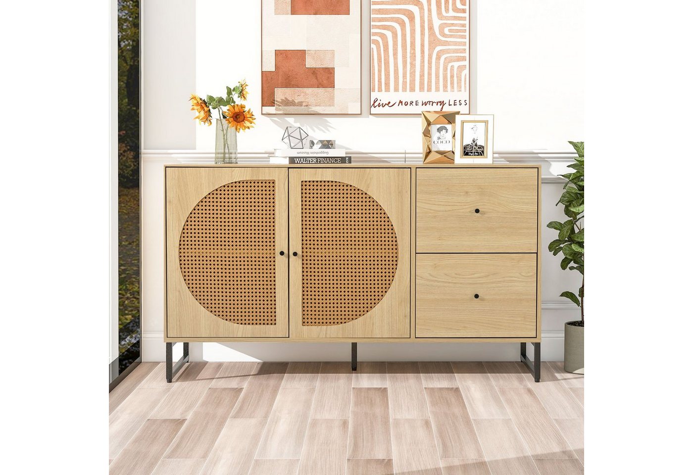 Merax Sideboard mit 2 Fächern und 2 Schubladen, Kommode mit Metallsockel und Rattantüren, Anrichte, B:130cm von Merax