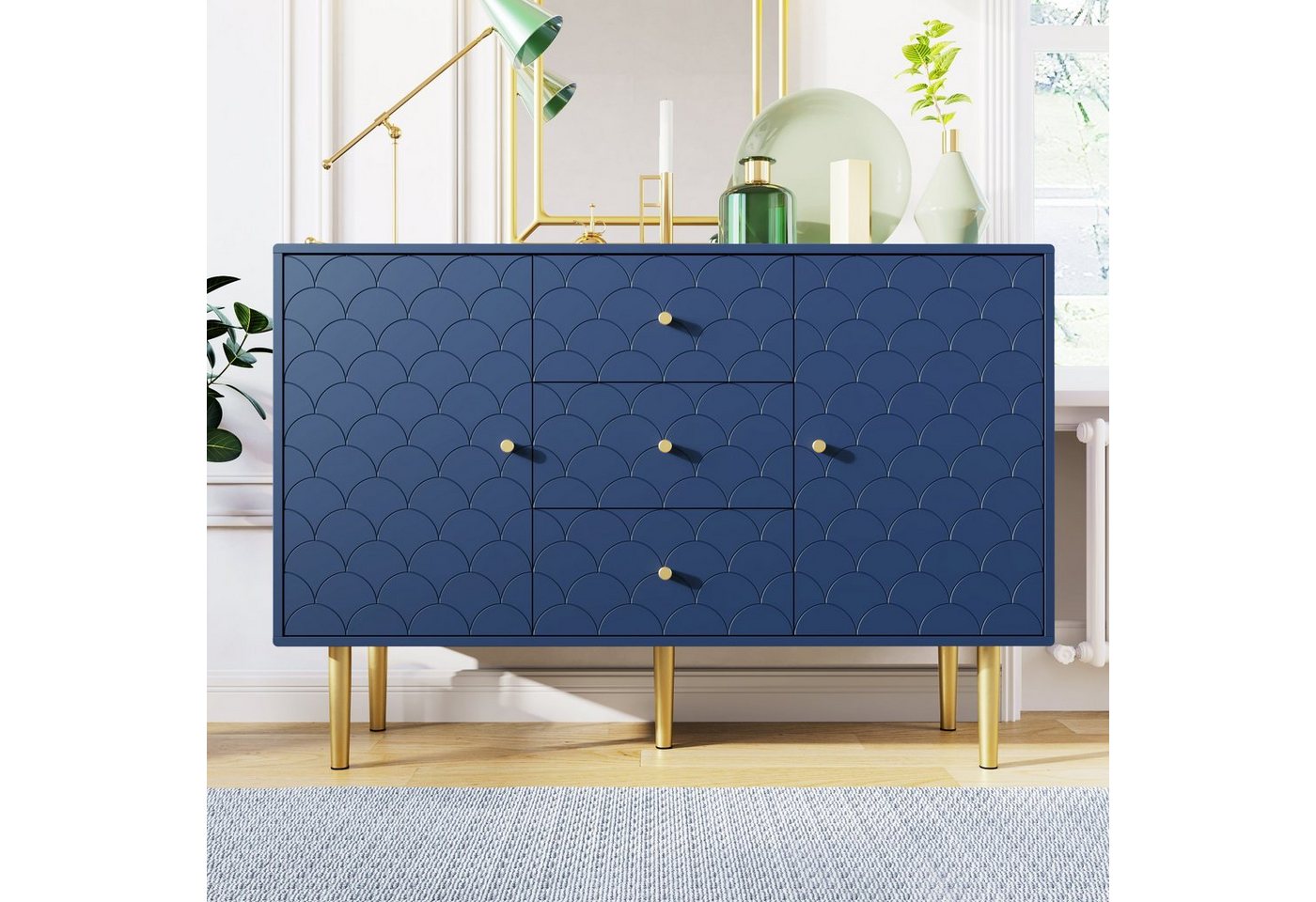 Merax Sideboard mit 2 Türen und 3 Schubladen, Beistelltisch mit verstellbaren Ablagen, Kommode aus Holz, Metallbeine, B:120cm von Merax