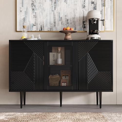 Merax Sideboard mit 3 Türen, Kommode mit Glastür und Metalfüßen Buffetschrank für Esszimmer Wohnzimmer oder Flur, 120x38 x79.5 cm, Schwarz von Merax