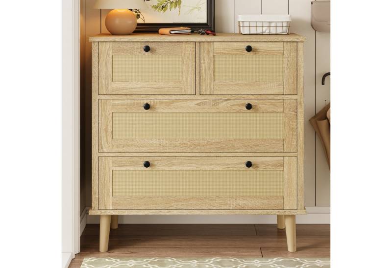 Merax Sideboard mit 4 Rattanschubladen & Massivholzbeinen (80 L x 40 B x 80 H (cm), 1 St., perfekt für Schlafzimmer, Wohnzimmer & Flur), Kommode Buffetschrank Aufbewahrungsschrank Anrichte mit viel Stauraum von Merax