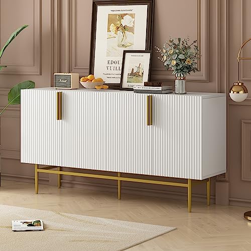 Merax Sideboard mit 4 Türen, goldfarbener Metallgriff, Buffetschrank für Esszimmer, Wohnzimmer, Schlafzimmer, Flur Weiß von Merax