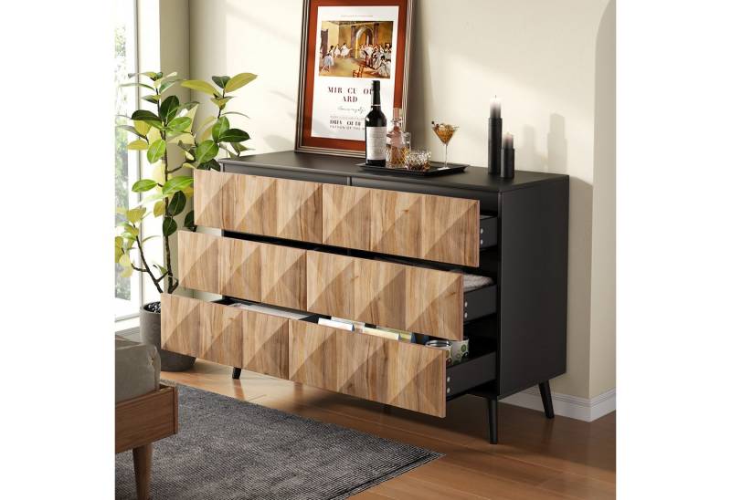 Merax Sideboard mit 6 Schublade, Anrichte in Schwarz & Holzoptik (1 St., 120 L x 40 B x 85 H (cm), Kommode mit erhöhten Fronten,verdeckten Griffen & stabilem Eisenrahmen von Merax