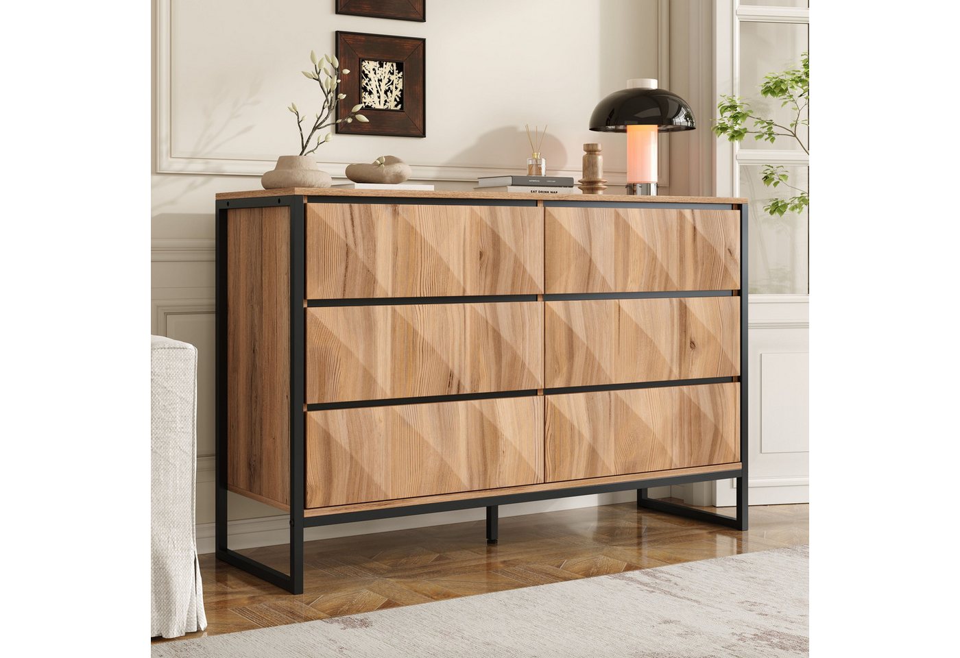 Merax Sideboard mit 6 Schubladen und Metallbeinen (Anrichte Kommode Buffetschrank Aufbewahrungsschrank, 1 St., 120x40x80cm), Kommode mit natürlichen Holztönen, erhabenen Fronten & großem Stauraum von Merax
