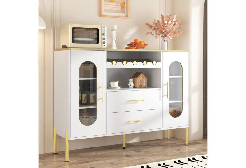 Merax Sideboard mit Glasfronten, integriertem Weinregal & goldfarbenen Aluminiumbeinen (1 St., 120x38x90cm), Buffetschrank Kommode mit verstellbaren Einlegeböden & 2 Schubladen von Merax