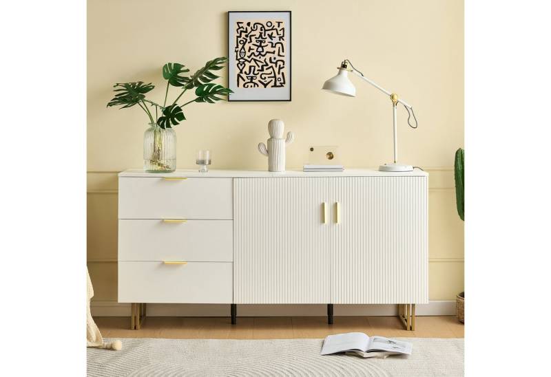 Merax Sideboard mit Gold-Akzenten, Zinklegierung-Griffe & Stahlbeine (160 L x 40 B x 81,5 H, 1 St), Kommode mit 2-Türiges und 3-Schubladen, Buffetschrank, Anrichte von Merax