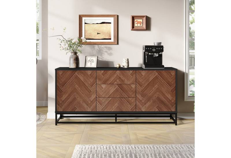 Merax Sideboard mit Kippschutz, verstellbaren Böden & Füßen (Anrichte in Holzoptik und Schwarz, 1 St., 145×40×67 cm), Kommode mit 3 Schubladen, 2 Türen & Metallrahme von Merax