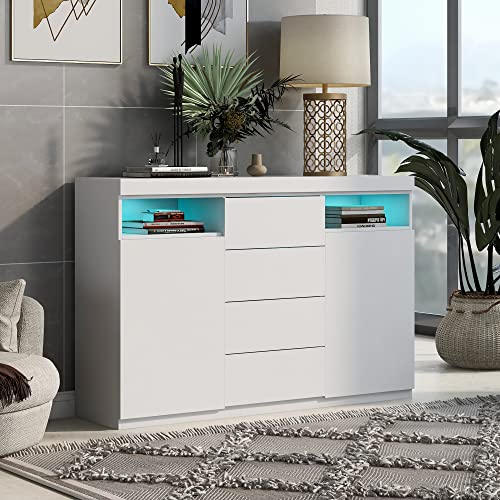 Merax Sideboard mit LED, Weiss Hochglanz Lagerschrank Beistellschrank mit 2 Türen, 4 Schubladen, Offene Regale, Moderne Anrichte Küchenzeile Schrank für Esszimmer Wohnzimmer Küche, 139 x 36,5 x 92 cm von Merax