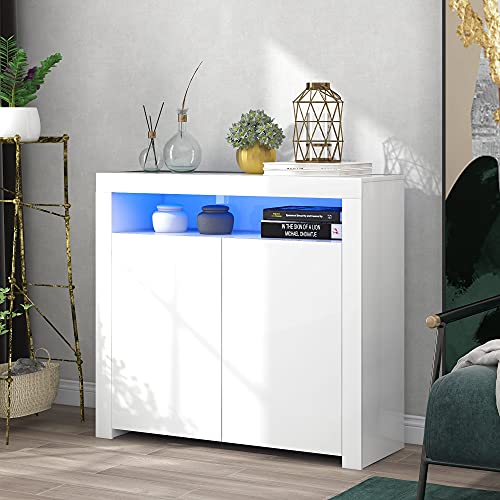 Merax Sideboard mit LED Beleuchtung, Weiss Hochglanz Lagerschrank Beistellschrank mit 2 Türen, Offene Regale, Moderne Anrichte Küchenzeile Schrank für Esszimmer Wohnzimmer Küche, 108 x 92 x 40 cm von Merax