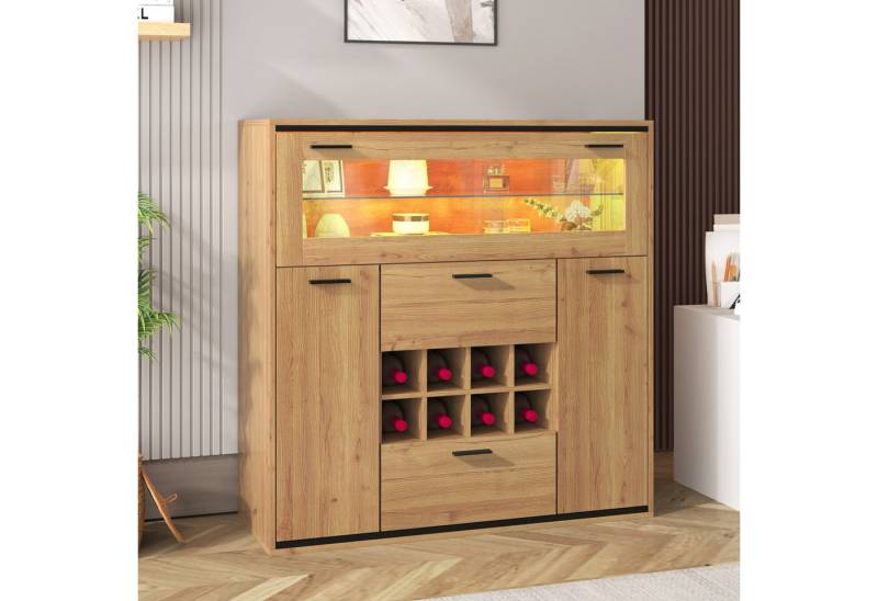Merax Sideboard mit LED-Beleuchtung in Wildeiche-Optik, großer Stauraum, abnehmbare Weinhalterung und Einlegeböden,Weinschrank von Merax