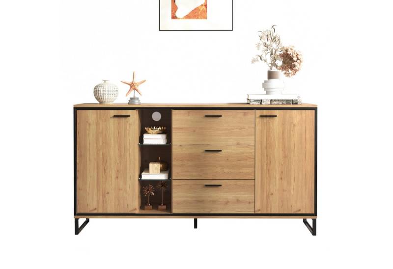 Merax Sideboard mit LED-Beleuchtung und Glasablagen, (1 St), Kommode Holz mit großem Stauraum und verstellbare Einlegeböden von Merax