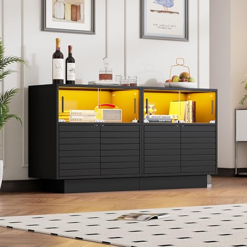 Merax Sideboard mit LED-Licht, Küchenschrank mit Glasschiebetür und 2 Kabinett, Modern Buffetschrank Anrichte Schrank mit viel Stauraum, Mehrzweckschrank für Esszimmer, Wohnzimmer, Küche, Schwarz von Merax