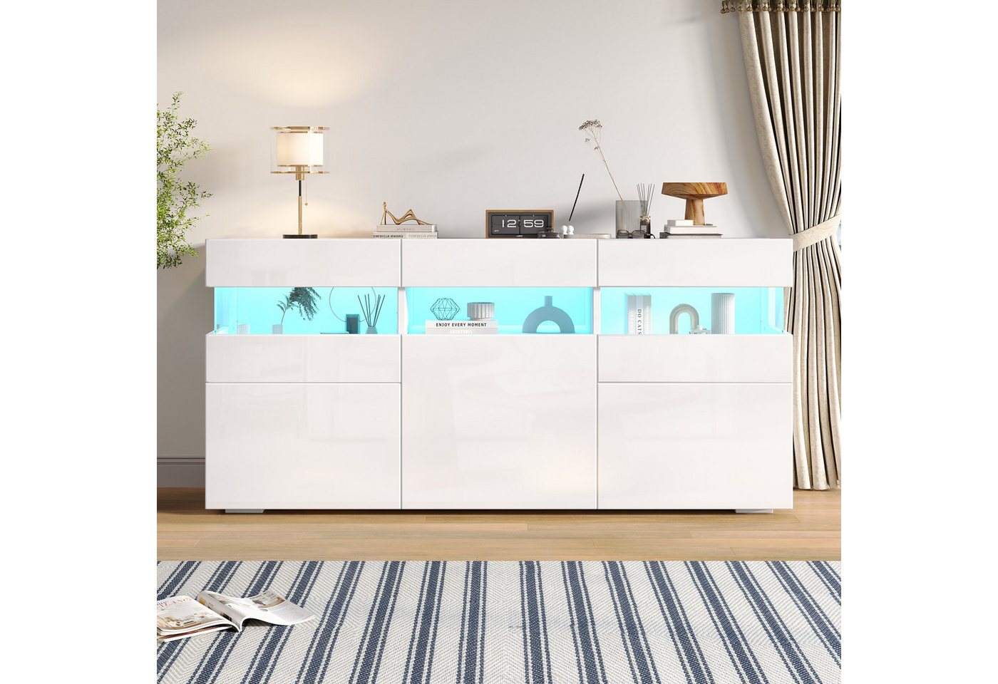Merax Sideboard mit LED-Lichtleiste, Anrichte in Weiß mit Hochglanzfront (1 St., 140*40.5*66.5cm), Wohnzimmerschrank Kommode mit 3 Türen, 7 Ablagefächern, Acryl-Elemente von Merax