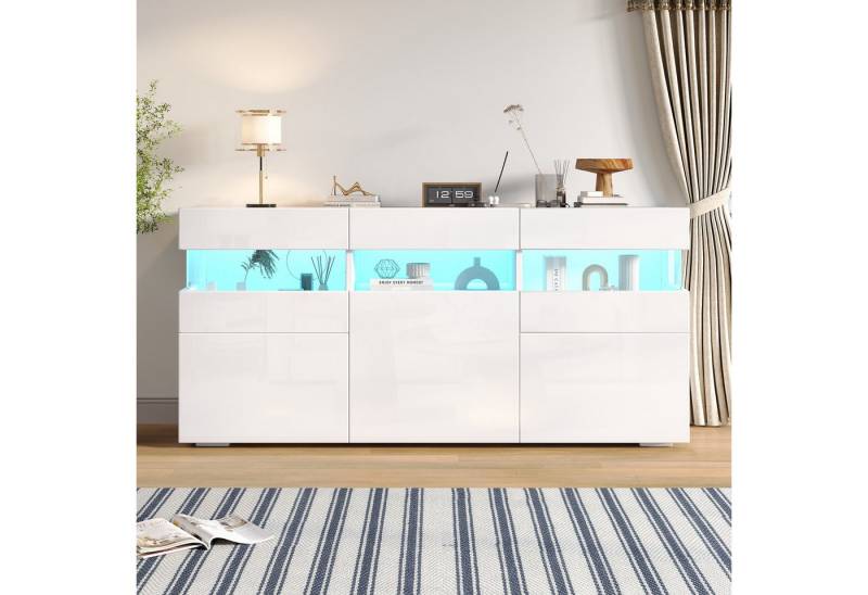 Merax Sideboard mit LED-Lichtleiste, Anrichte in Weiß mit Hochglanzfront (1 St., 140*40.5*66.5cm), Wohnzimmerschrank Kommode mit 3 Türen, 7 Ablagefächern, Acryl-Elemente von Merax