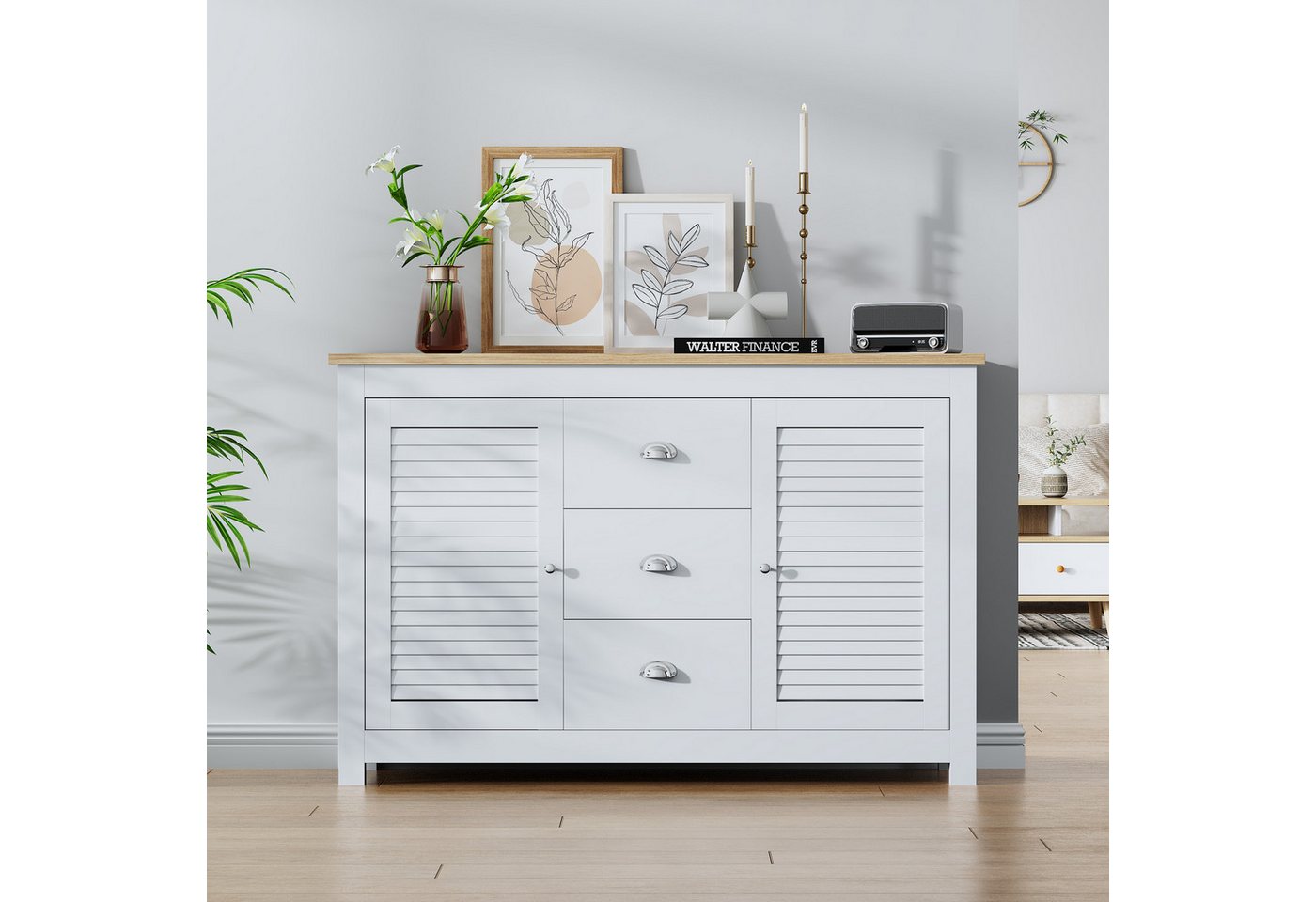 Merax Sideboard mit Lamellentüren und 3 Schubladen, Kommode Scandi mit Metallgriffe, Anrichte, Buffet, B:120cm von Merax