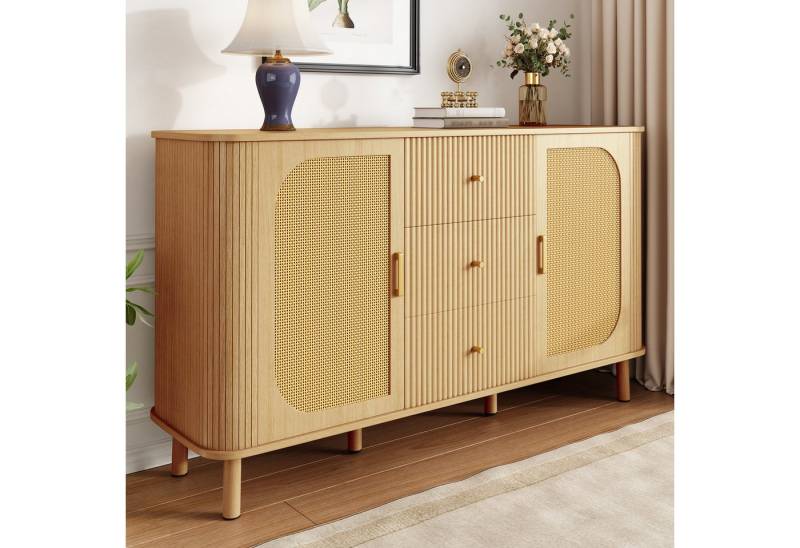 Merax Sideboard mit Metallbeinen in Holzmaserung, Abgerundetes Design (Für Wohnzimmer & Esszimmer, 1 St., Stauraum & praktischer Kabelöffnung), Kommode mit 3 Schubladen, Rattantüren & halbovalen Türen, 140x40x80cm von Merax