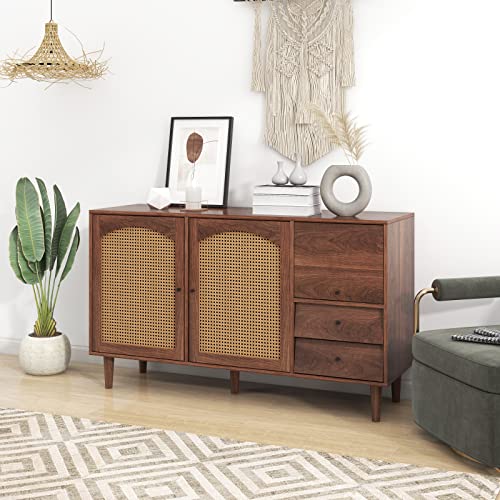 Merax Sideboard mit Rattan Einsatz, Modernen Kommode mit DREI Türen und Zwei unregelmäßigen Schubladen, für Wohnzimmer, Esszimmer & Schlafzimmer, 130 x 40,9 x 75,5 cm, Dunkles Holzfarbe von Merax