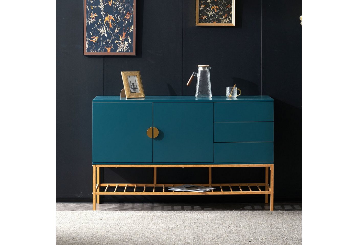 Merax Sideboard mit Schubladen und verstellbaren Einlegeböden, mit goldenen Metallsockel, Wohnzimmerschrank, Kommode, Anrichte, B: 130cm von Merax