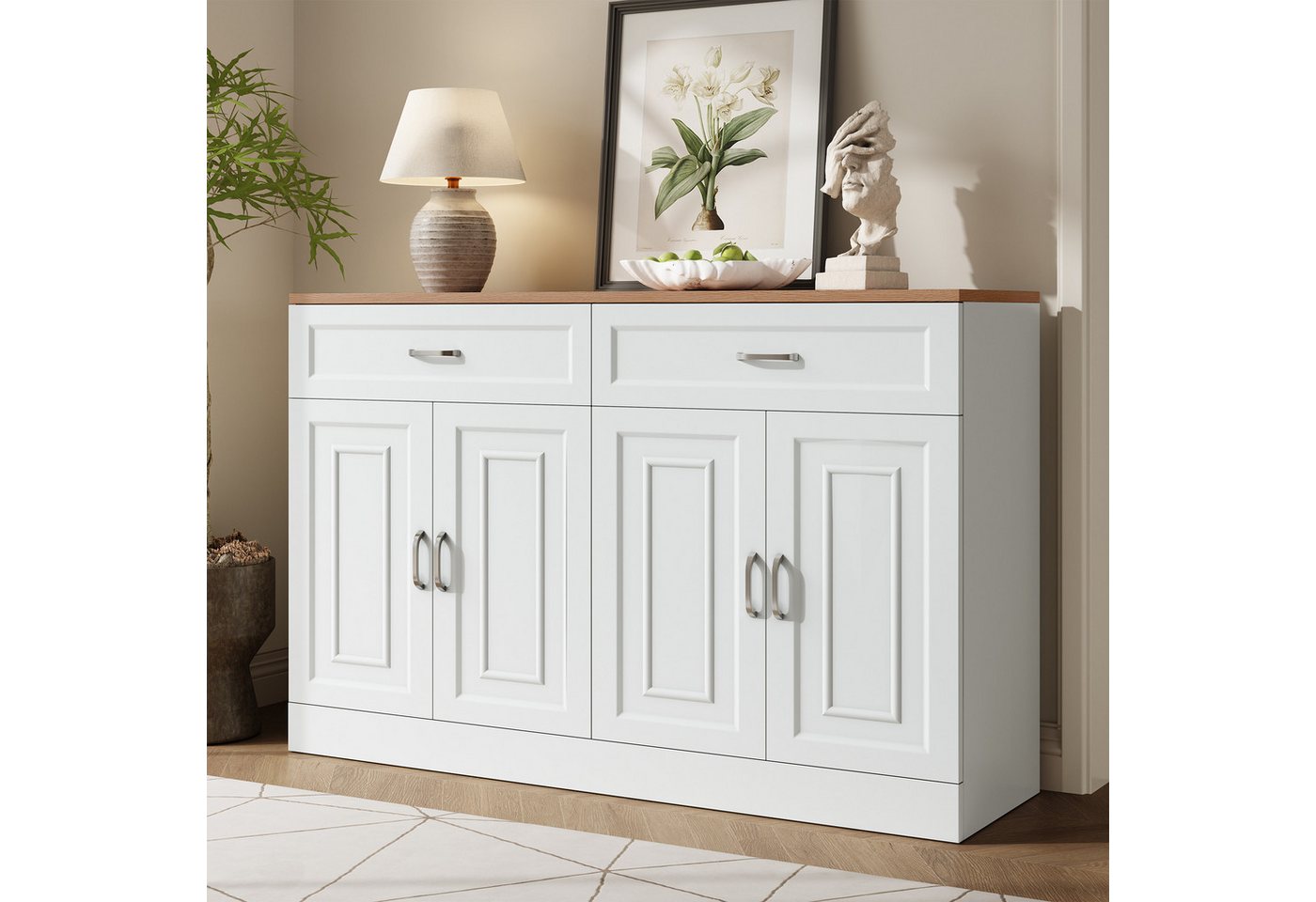 Merax Sideboard mit Soft-Close-System & natürlicher Holzmaserung (1 St., 120×35×80,5 cm), Kommode mit 4 Türen, 2 Schubladen & verstellbaren Einlegeböden von Merax