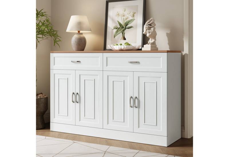 Merax Sideboard mit Soft-Close-System & natürlicher Holzmaserung (1 St., 120×35×80,5 cm), Kommode mit 4 Türen, 2 Schubladen & verstellbaren Einlegeböden von Merax