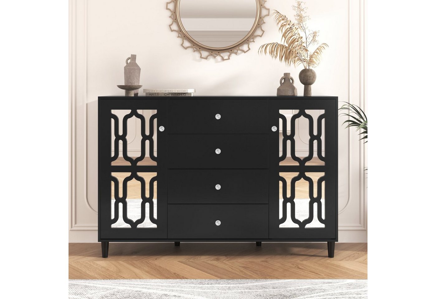 Merax Sideboard mit Spiegelelementen und geometrischem Trellis-Muster, Kommode mit vier Schubladen und Spiegelfront, Anrichte, B:147cm von Merax