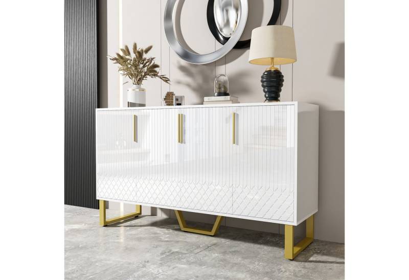Merax Sideboard mit geometrisches Frontdesign (1 St., Buffetschrank für Wohnzimmer und Flur), Anrichte Kommode mit 4 Türen, Metallgriffe & Metallbeine, 140x40x80cm von Merax