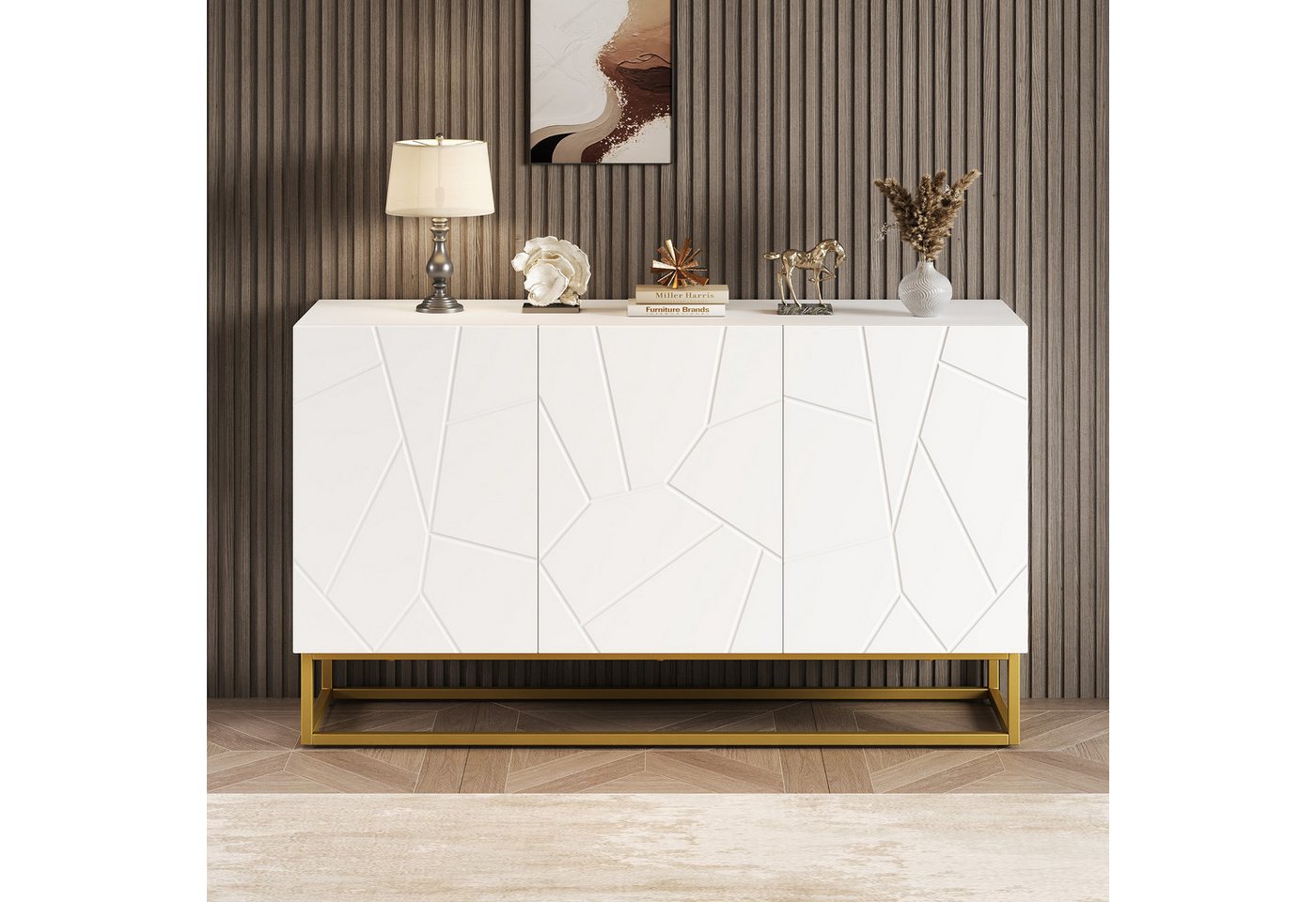 Merax Sideboard mit geriffelter Front (1 St), Anrichte Kommode mit verstellbaren Regalböden & Metallgestell, B:130cm von Merax