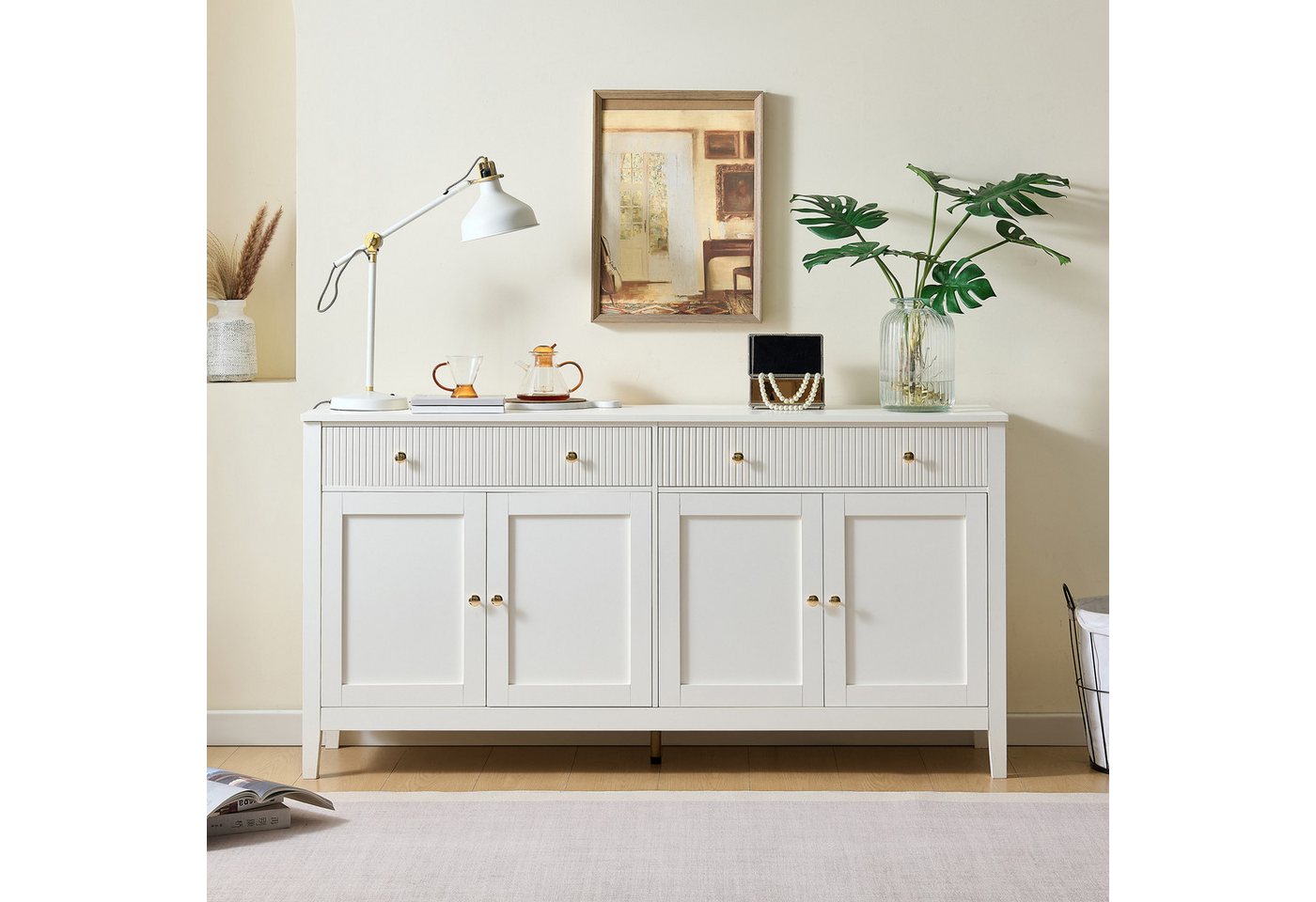 Merax Sideboard mit goldenen Griffen und großzügiger Stauraum (1 St., 160 L x 40 B x 82,5 H), Kommode Buffetschrank Anrichte mit mit 2 Schubladen und 4 Türen von Merax