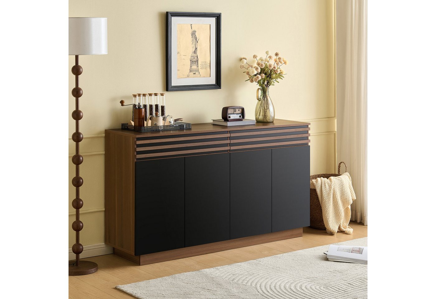 Merax Sideboard mit großzügiger Stauraum in brauner Holzoptik (1 St), Kommode mit 2 Schubladen und 4 schwarzen Türen, Anrichte, 150x40x85cm von Merax