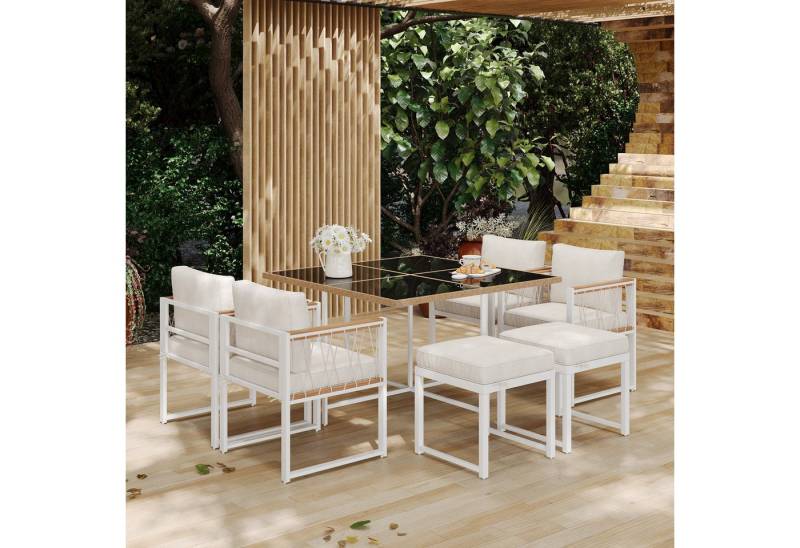 Merax Sitzgruppe aus Akazienholz und Polyratten, (7-tlg., Gartengarnitur Gartenlounge Balkonmöbel), Gartenmöbel-Set für 6 Personen, Essgruppe mit Sessel, Hocker & Tisch von Merax