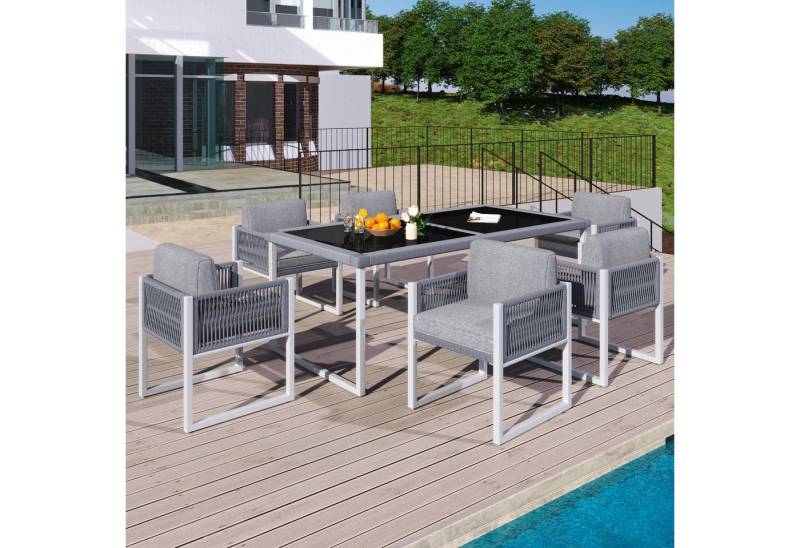 Merax Sitzgruppe aus Seil, (7-tlg., Gartenlounge Terrassenmöbel Gartengarnitur), 6-Sitzer Gartenmöbel-Set mit Sessel & Tisch mit gehärteter Glasplatte von Merax