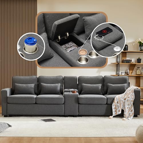 Merax Sofa 4 Sitzer Modern Couch mit Konsole, 2 Getränkehaltern und 2 USB-Ladeanschlüsse Polstersofa mit Armlehnen-Taschen und 4 Kissen, für Wohnzimmer/Schlafzimmer/Gästezimmer, Dark Gray von Merax