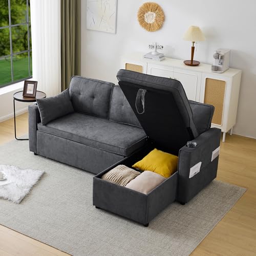 Merax Sofa Ecksofa mit Schlaffunktion, Praktisches Schlafsofa mit Bettkasten, Schlafcouch mit Stauraum, Getränkehalter und Seitentaschen, Modernes L-förmiges Couch für Wohnzimmer, Schlafzimmer, Grau von Merax