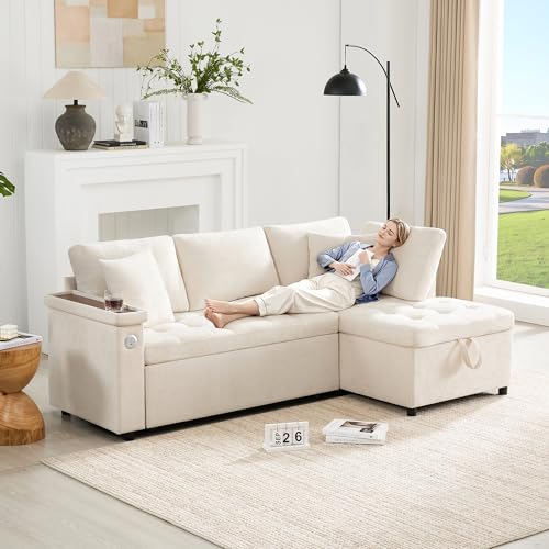 Merax Sofa Ecksofa mit Schlaffunktion, Praktisches Schlafsofa mit Bettkasten, Schlafcouch mit Stauraum, USB-Ladeanschluss und Armlehnenablage, für Wohnzimmer/Schlafzimmer, Beige von Merax
