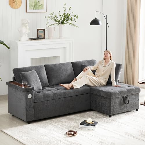 Merax Sofa Ecksofa mit Schlaffunktion, Praktisches Schlafsofa mit Bettkasten, Schlafcouch mit Stauraum, USB-Ladeanschluss und Armlehnenablage, für Wohnzimmer/Schlafzimmer, Dunkelgrau Merax Sofa Ecksofa mit Schlaffunktion, Praktisches Schlafsofa mit Bettkasten, Schlafcouch mit Stauraum, USB-Ladeanschluss und Armlehnenablage, für Wohnzimmer/Schlafzimmer, Dunkelgrau von Merax