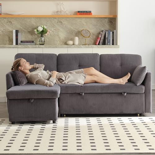 Merax Sofa Ecksofa mit Schlaffunktion, Praktisches Schlafsofa mit Bettkasten, Stauraum, Links und Rechts austauschbar, Modernes L-förmiges Schlafcouch für Wohnzimmer/Schlafzimmer, Samt, Dunkelgrau von Merax