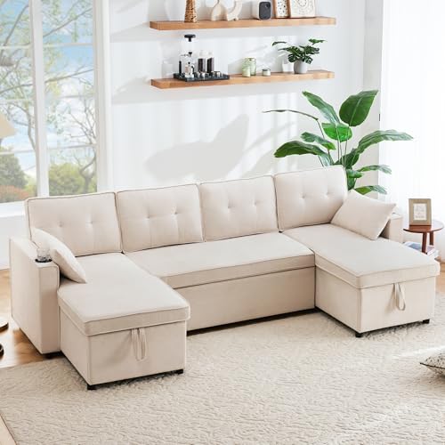 Merax Sofa Ecksofa mit Schlaffunktion, Schlafsofa mit Bettkasten und extra großem Stauraum, U-Form - Couch für Wohnzimmer/Schlafzimmer, Big Sofa, Beige von Merax