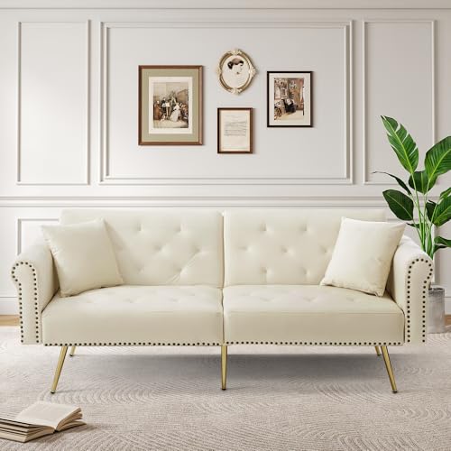 Merax Sofa mit Schlaffunktion, Klappsofa Schlafsofa Bettcouch 2 Sitzer, Schlafbereich 147× 85 cm, 2 Kissen, Rückenlehne mit 3 Verstellbare Winkel, Metallfüße, Samtstoff/Beige von Merax