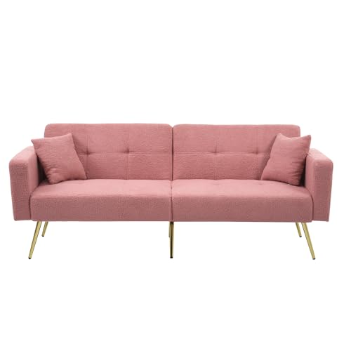 Merax Sofa mit Schlaffunktion, Klappsofa Schlafsofa Bettcouch 2 Sitzer, Schlafbereich 156×90 cm, 2 Kissen, 2 Seitentaschen, Rückenlehne mit 3 Verstellbare Winkel, Metallfüße, Lammwoll/Rosa von Merax