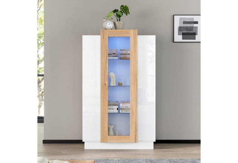 Merax Standvitrine Hochglanz Vitrine Hochglanz mit LED- Beleuchtung (1-St) Wohnzimmerschrank mit 3 Türen Glasablagen Acrylfront Rebounder-Öffnung von Merax