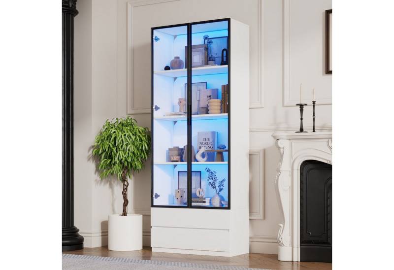 Merax Standvitrine Hochschrank Standregal Vitrinenschrank mit LED-Beleuchtung (1-St., 80x34x200cm) Vitrine mit Glastüren, 2 Schubladen, Aluminiumrahmen & großem Stauraum von Merax