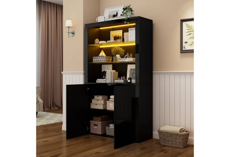 Merax Standvitrine hochglanz Hochschrank mit LED-Beleuchtung (100 x 35 x 170 cm, 1-St) Vitrinen Aufbewahrungsschrank mit gehärtetem Glas & Stauraum von Merax