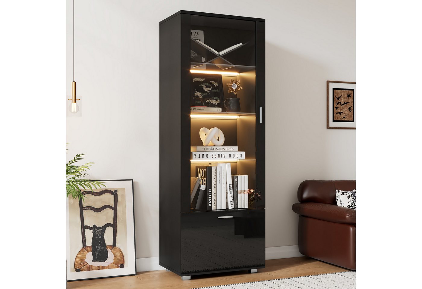 Merax Standvitrine hochglanz Vitrine mit LED-Beleuchtung (1-St., Schrank Hochschrank) Glasvitrine mit Acryl-Glastüren,3 Glasböden & Stauraumfach,40x50x160cm von Merax