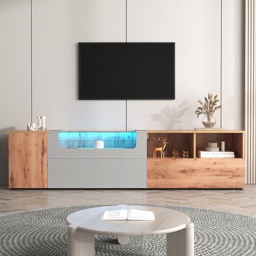 Merax TV Board Lowboard Tv Schrank Wohnzimmertisch Fernsehschrank mit LED,Glasplatte mit Fächern und Türen in Hellgrau und Holzfarben von Merax