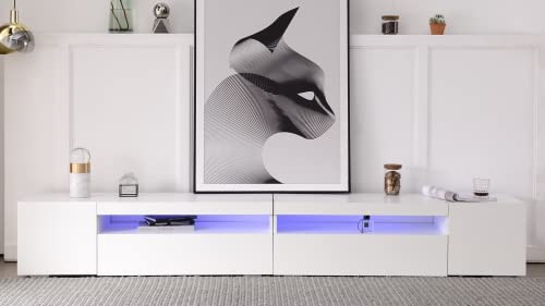 Merax TV Lowboard 240 cm Weißer, Moderner TV Schrank mit 2 Klappen und 2 Schließfach als Stauraum, helles Panel, Variable LED-Beleuchtung, für Wohnzimmer und Esszimmer, 240 x 39 x 35 cm von Merax