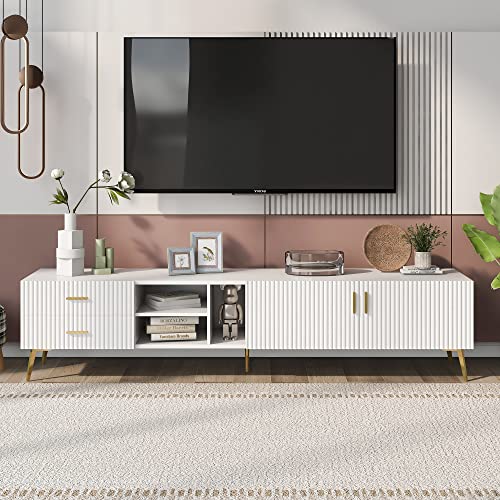 Merax TV Lowboard für 75-Zoll-Fernseher, TV Schrank mit 2 Schließfach 2 Schublade und 3 offenes Regal, Moderner TV Sideboard, Fernsehschrank für Wohnzimmer und Esszimmer, Weiß, 180 x 35 x 44 cm von Merax