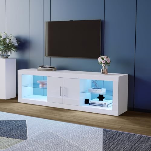 Merax TV Lowboard mit LED-Beleuchtung, Weißer Hochglanz TV Schrank mit 2 Türen 2 Offene Regal, Moderner TV Sideboard, verstellbare Einlegeböden, Fernsehschrank für Wohnzimmer Esszimmer, 140x35x50cm von Merax