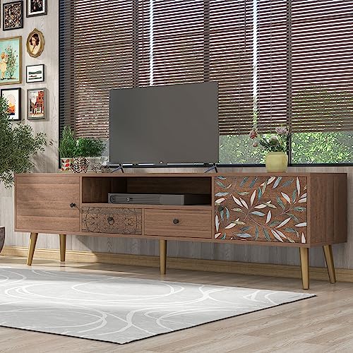 Merax TV-Schrank, Fernsehtisch mit 2 Türen, 2 Schubladen, TV-Board Niedriger Aufbewahrungsschrank, Vintage Landhaus Design, für Wohnzimmer, Esszimmer und Schlafzimmer, 180 cm lang, Braun mit Aufdruck von Merax